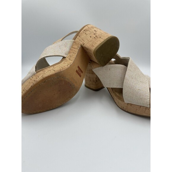 Toms Ibiza Sandals Khaki Canvas Women's 7 Platform Cork Heel Iridescent Thread - Picture 9 of 13